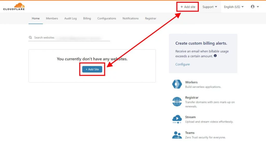 cloudflare add new site button
