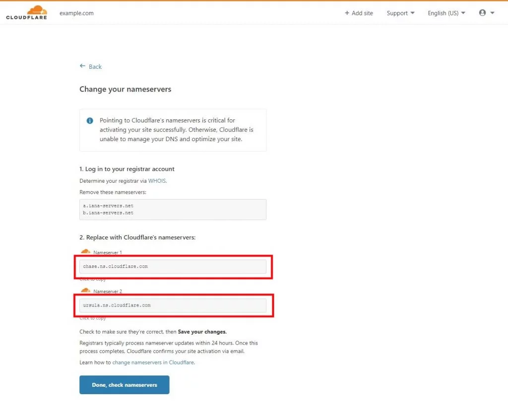 cloudflare change nameservers page