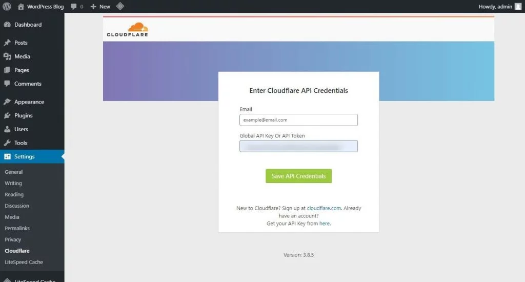 cloudflare plugin enter coudflare api credentials page