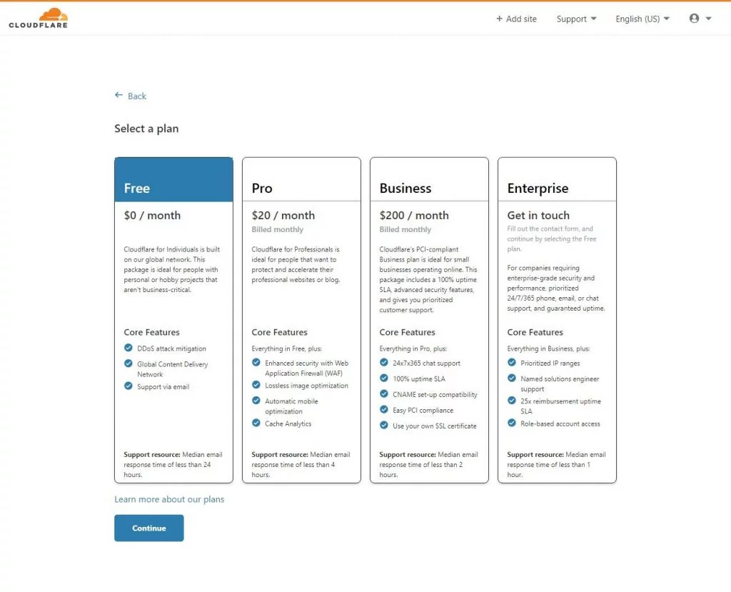 cloudflare select a plan page