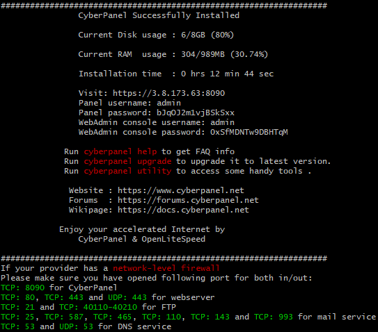cyberpanel successfully installed message