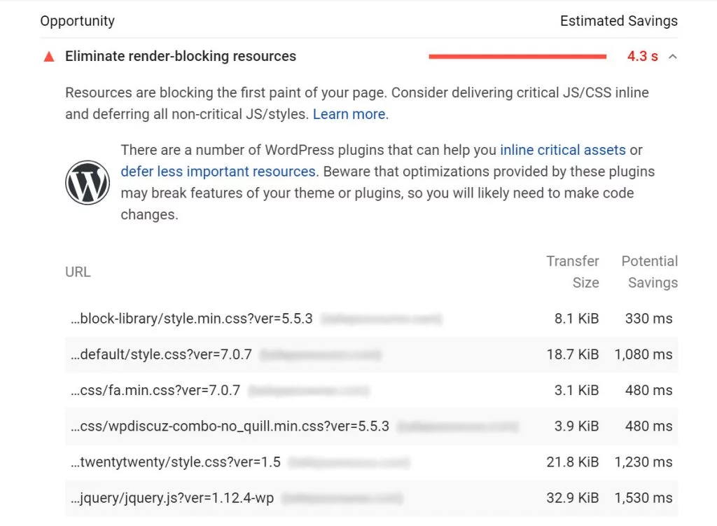 eliminate render blocking resources google pagespeed insights warning