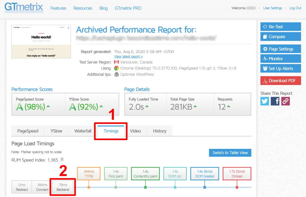 gtmetrix backend time