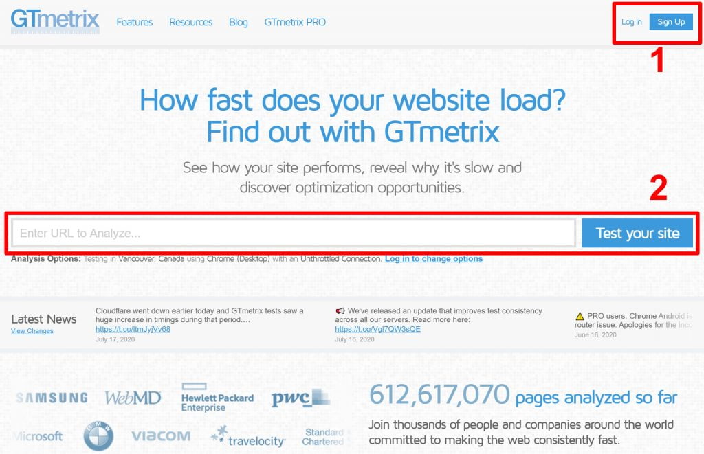gtmetrix homepage