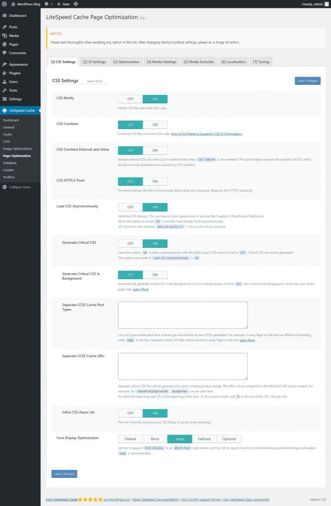 litespeed cache best settings page optimization css settings