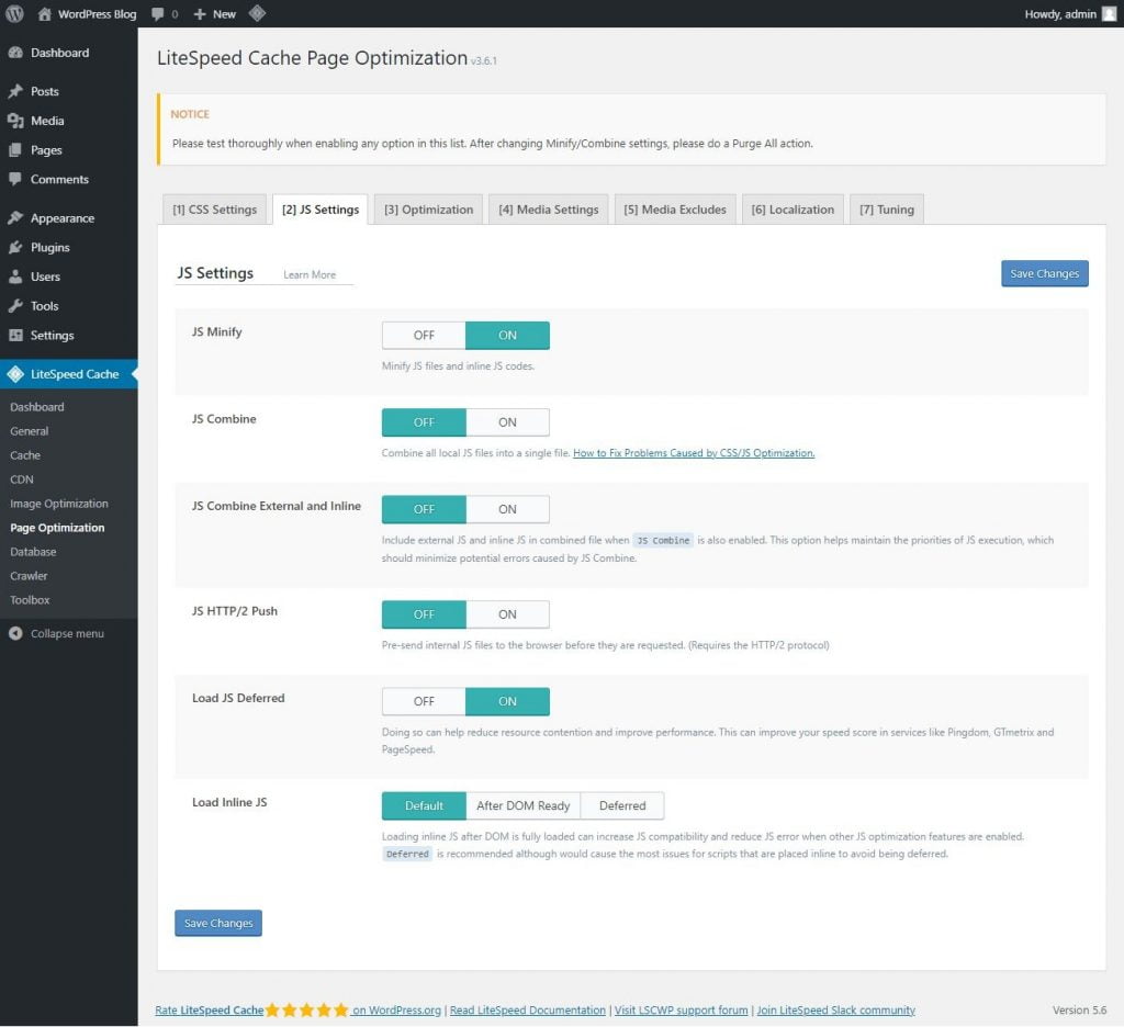 litespeed cache best settings page optimization js settings