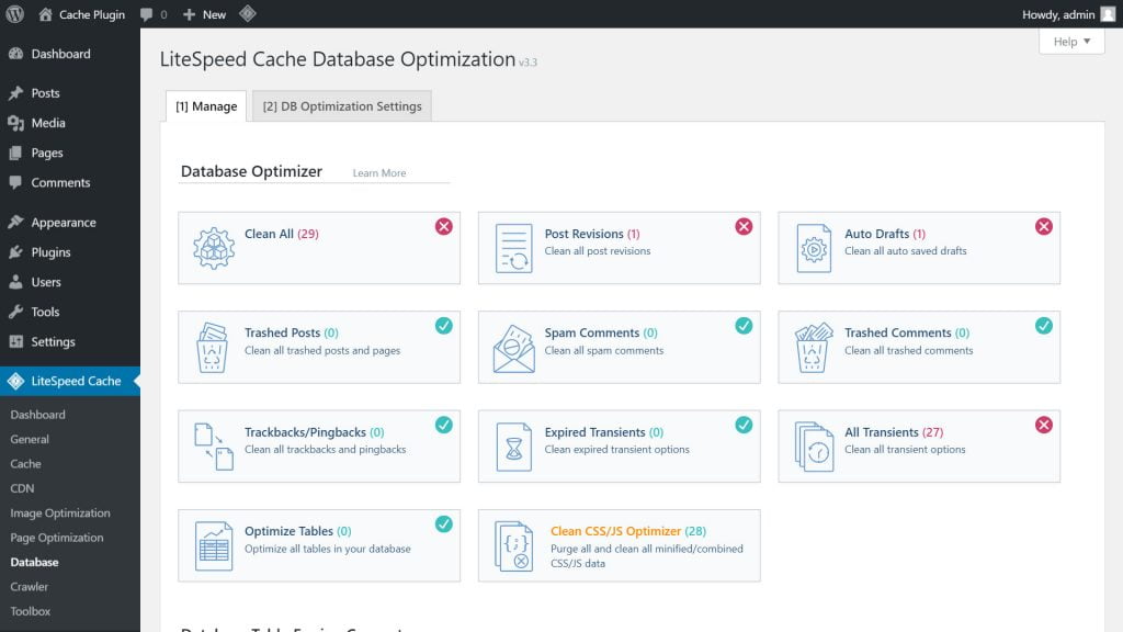 litespeed cache database optimization