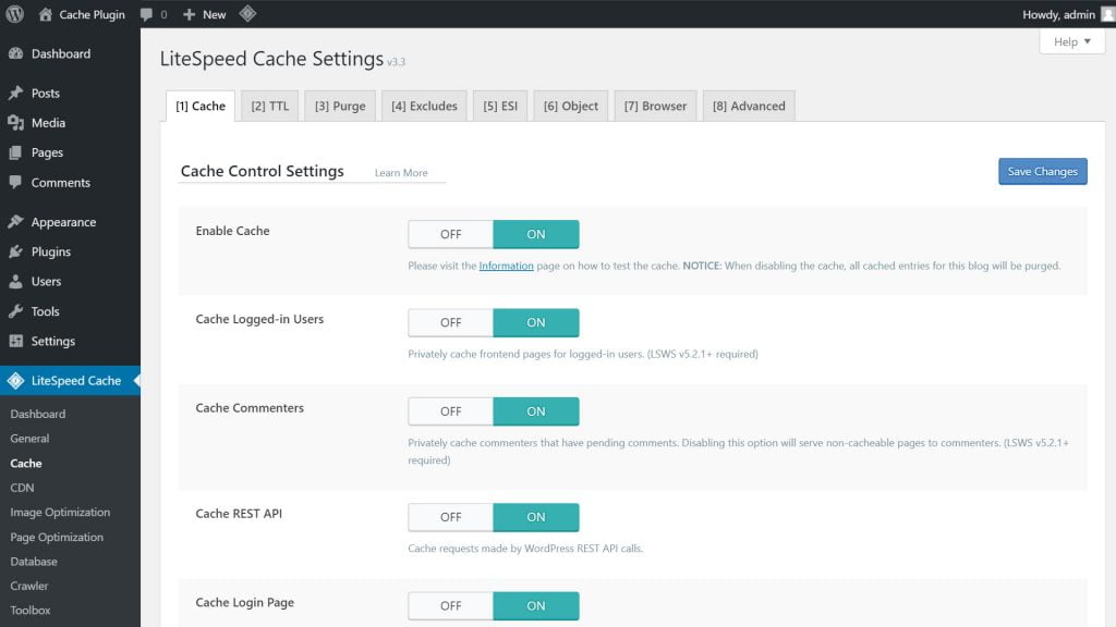 litespeed cache settings