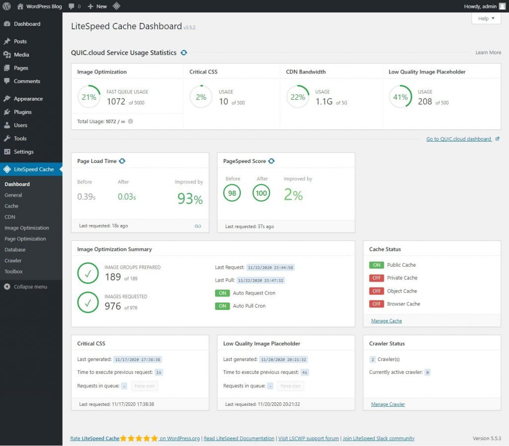 litespeed cache settings dashboard