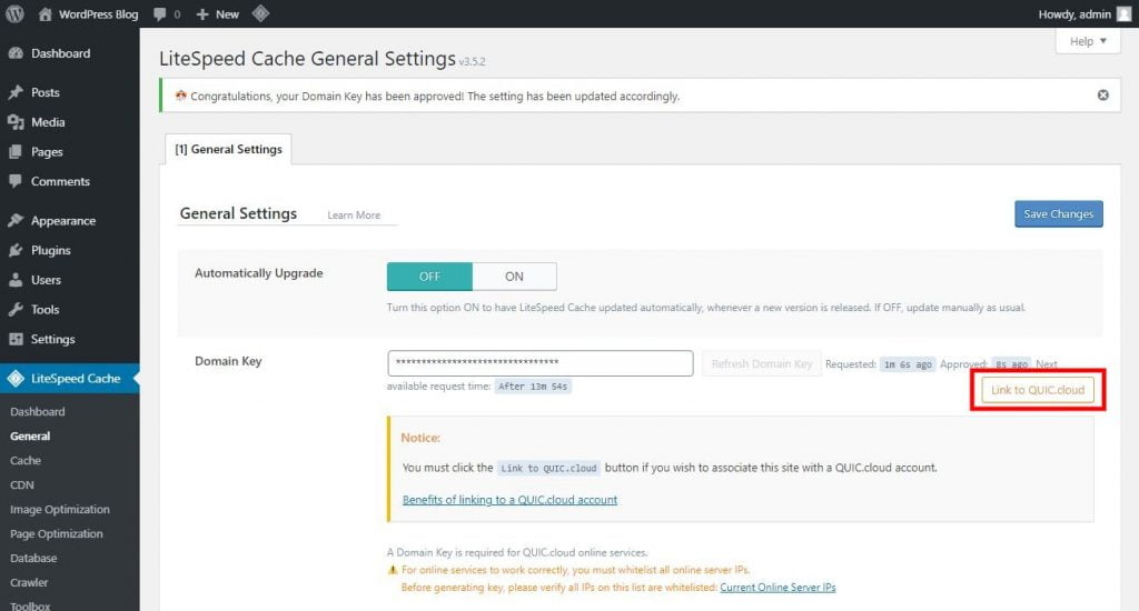 litespeed cache settings general link to quic cloud