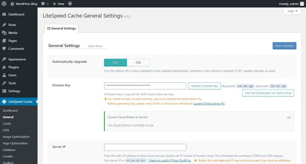 litespeed cache settings general quic cloud connected