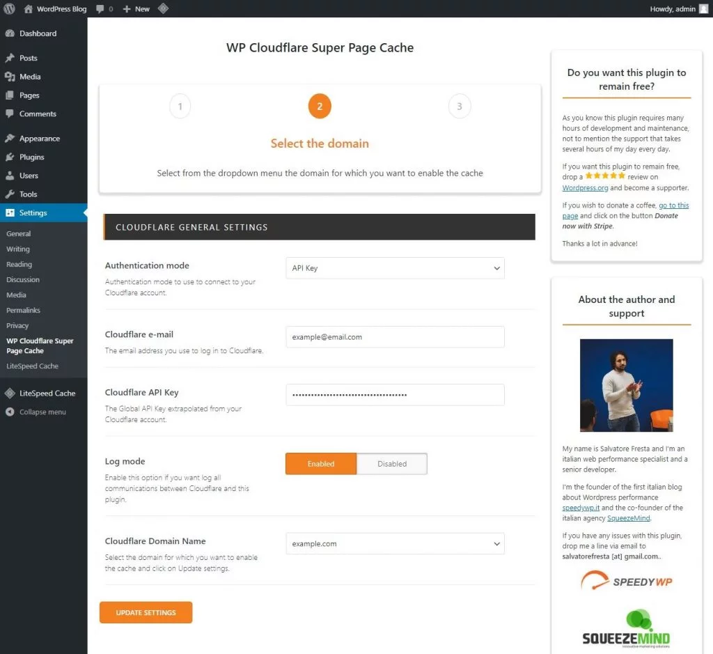 wp cloudflare super page cache select the domain page